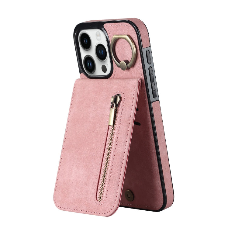 For iPhone 15 Pro Retro Ring and Zipper RFID Card Slot Phone Case(Pink) - HoMEdemic™ 