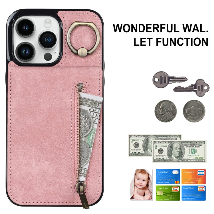 For iPhone 15 Pro Retro Ring and Zipper RFID Card Slot Phone Case(Pink) - HoMEdemic™ 