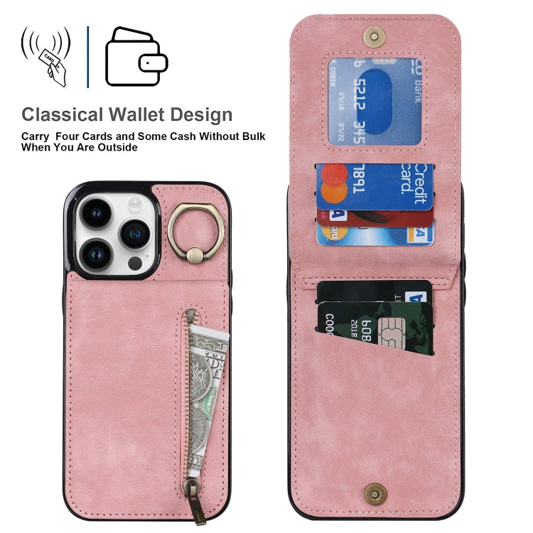 For iPhone 15 Pro Retro Ring and Zipper RFID Card Slot Phone Case(Pink) - HoMEdemic™ 