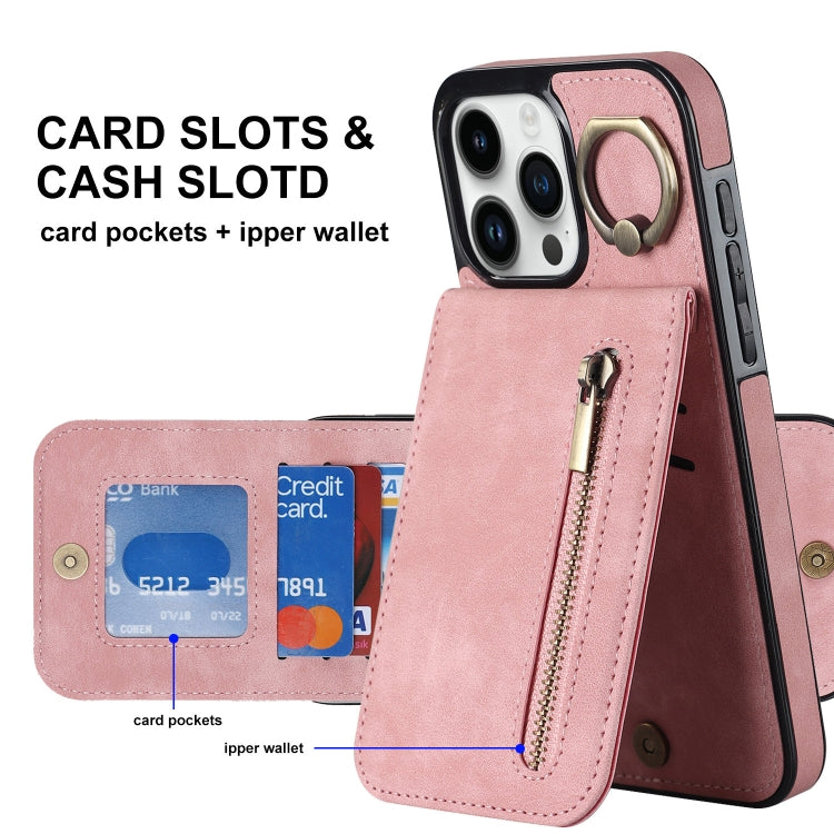 For iPhone 15 Pro Retro Ring and Zipper RFID Card Slot Phone Case(Pink) - HoMEdemic™ 