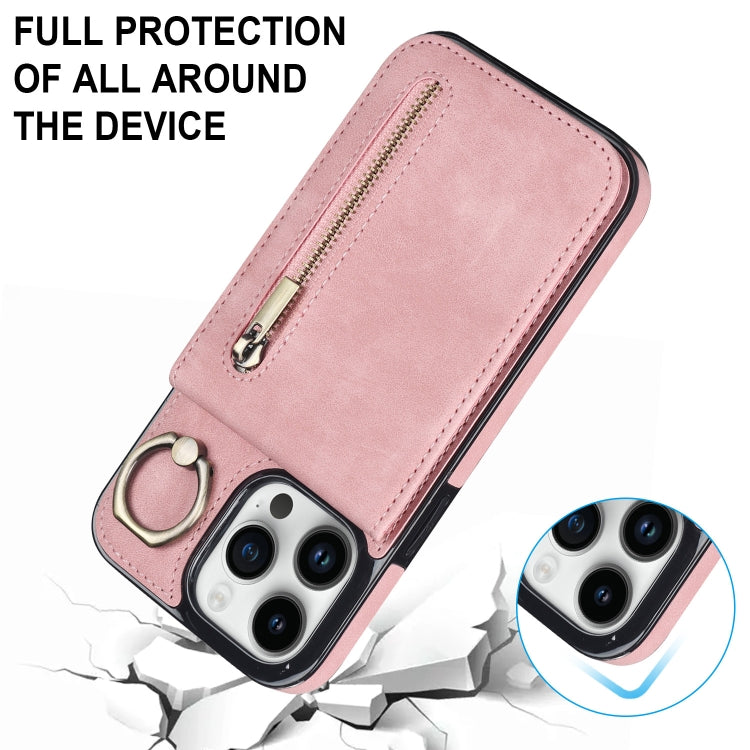 For iPhone 15 Pro Retro Ring and Zipper RFID Card Slot Phone Case(Pink) - HoMEdemic™ 