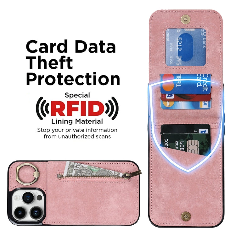 For iPhone 15 Pro Retro Ring and Zipper RFID Card Slot Phone Case(Pink) - HoMEdemic™ 