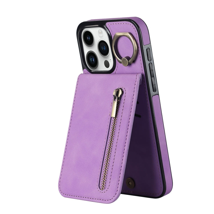 For iPhone 15 Pro Retro Ring and Zipper RFID Card Slot Phone Case(Purple) - HoMEdemic™ 
