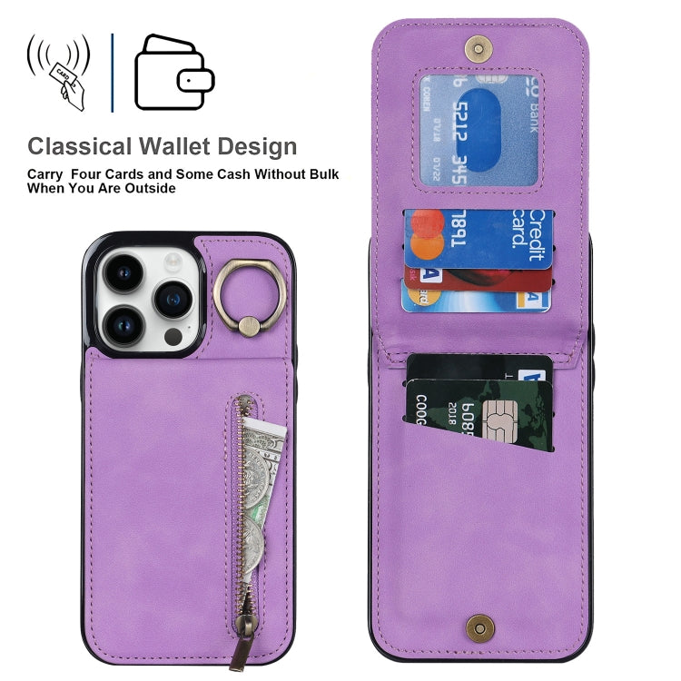 For iPhone 15 Pro Retro Ring and Zipper RFID Card Slot Phone Case(Purple) - HoMEdemic™ 