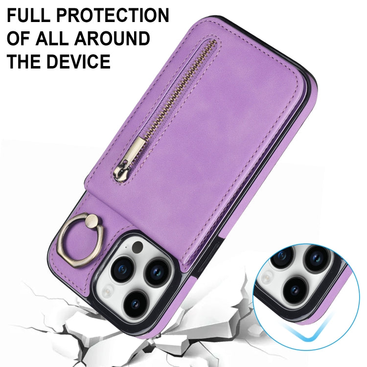 For iPhone 15 Pro Retro Ring and Zipper RFID Card Slot Phone Case(Purple) - HoMEdemic™ 