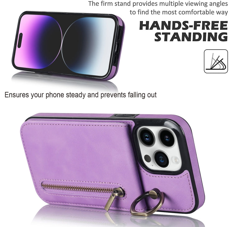 For iPhone 15 Pro Retro Ring and Zipper RFID Card Slot Phone Case(Purple) - HoMEdemic™ 