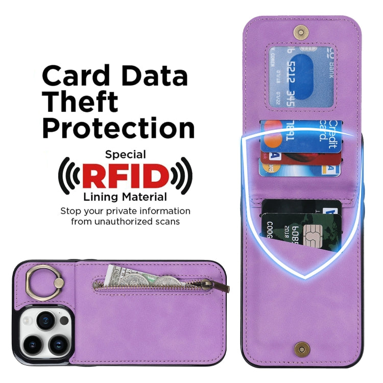 For iPhone 15 Pro Retro Ring and Zipper RFID Card Slot Phone Case(Purple) - HoMEdemic™ 