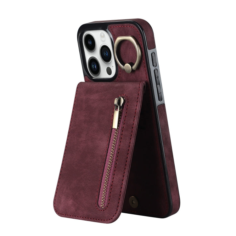 For iPhone 15 Pro Retro Ring and Zipper RFID Card Slot Phone Case(Wine Red) - HoMEdemic™ 