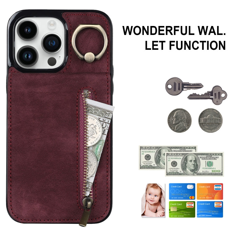 For iPhone 15 Pro Retro Ring and Zipper RFID Card Slot Phone Case(Wine Red) - HoMEdemic™ 