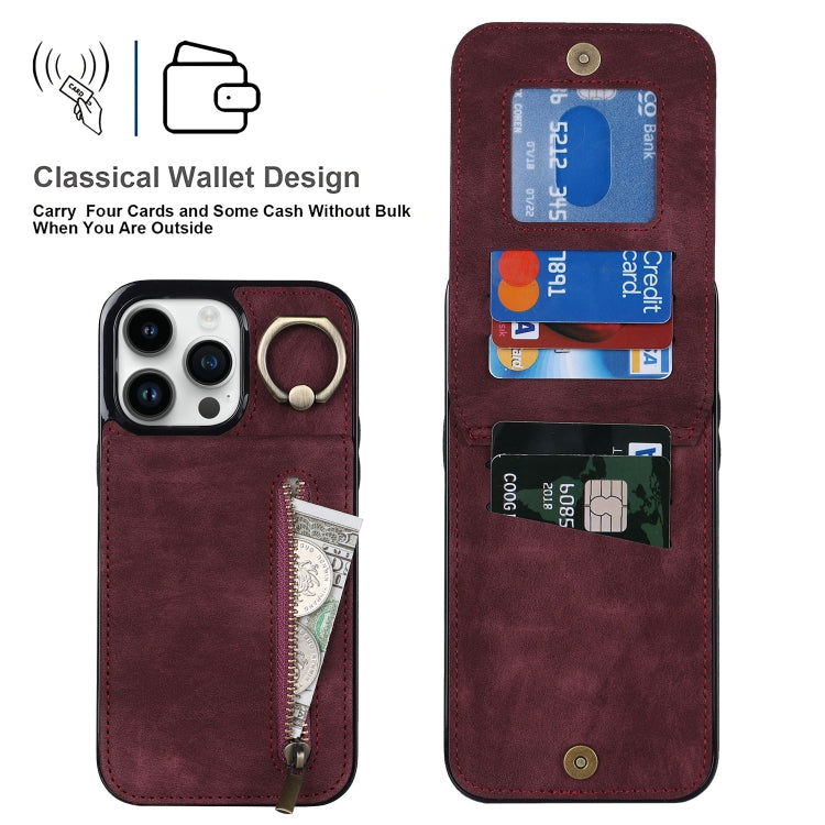 For iPhone 15 Pro Retro Ring and Zipper RFID Card Slot Phone Case(Wine Red) - HoMEdemic™ 