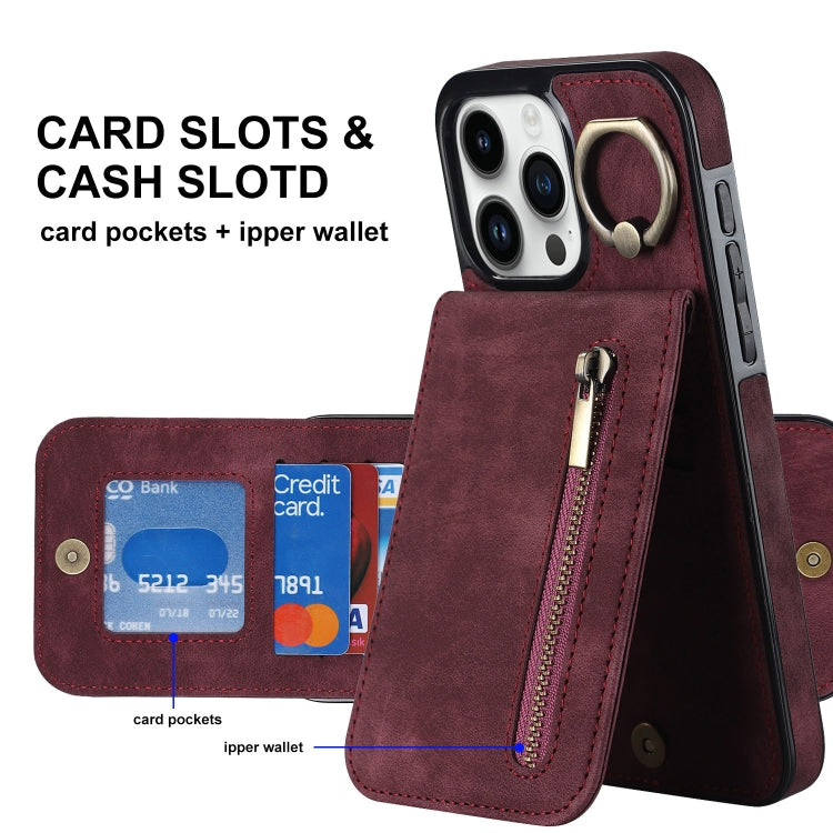 For iPhone 15 Pro Retro Ring and Zipper RFID Card Slot Phone Case(Wine Red) - HoMEdemic™ 