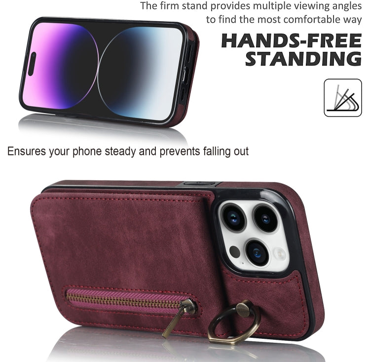For iPhone 15 Pro Retro Ring and Zipper RFID Card Slot Phone Case(Wine Red) - HoMEdemic™ 