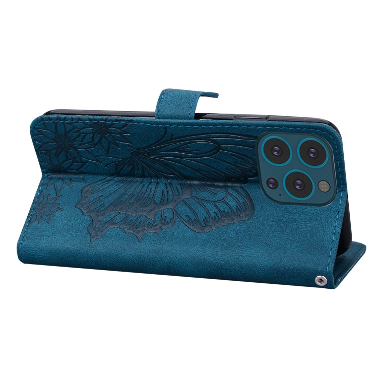 For iPhone 15 Pro Retro Skin Feel Butterflies Embossing Leather Phone Case(Blue) - HoMEdemic™ 
