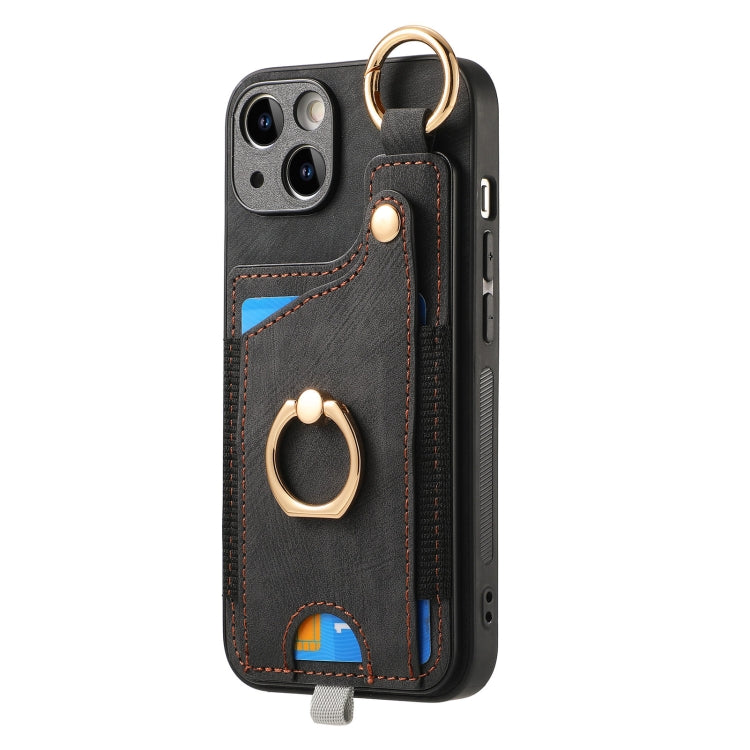 For iPhone 15 Pro Retro Skin-feel Ring Card Bag Phone Case with Hang Loop(Black) - HoMEdemic™ 
