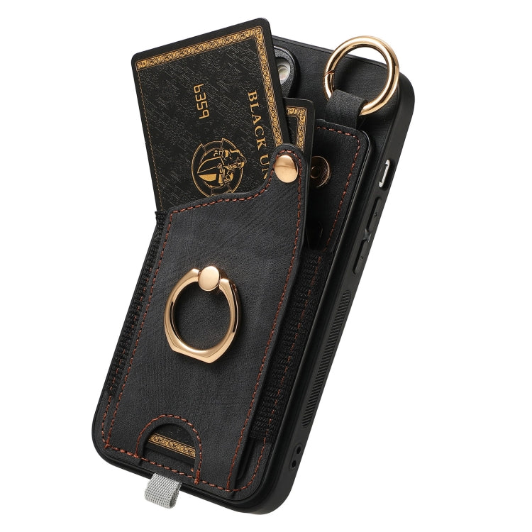 For iPhone 15 Pro Retro Skin-feel Ring Card Bag Phone Case with Hang Loop(Black) - HoMEdemic™ 