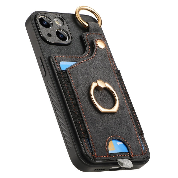 For iPhone 15 Pro Retro Skin-feel Ring Card Bag Phone Case with Hang Loop(Black) - HoMEdemic™ 