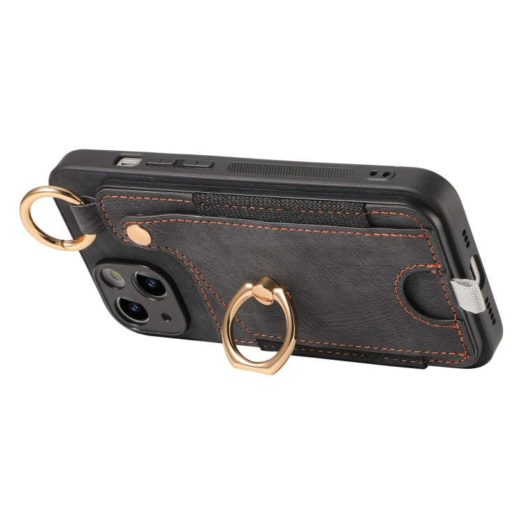 For iPhone 15 Pro Retro Skin-feel Ring Card Bag Phone Case with Hang Loop(Black) - HoMEdemic™ 