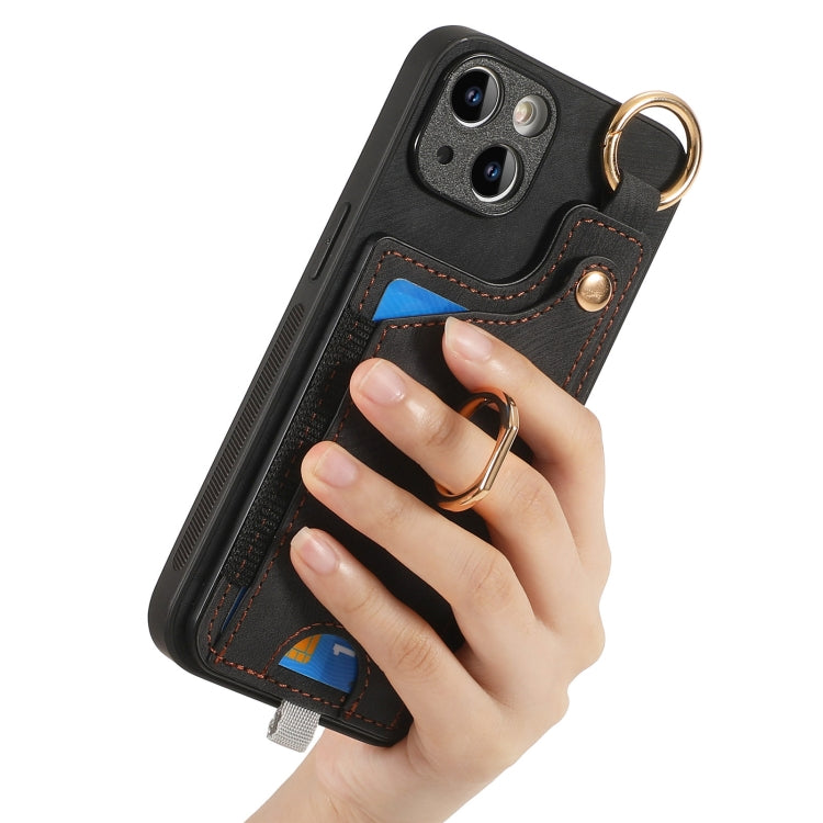 For iPhone 15 Pro Retro Skin-feel Ring Card Bag Phone Case with Hang Loop(Black) - HoMEdemic™ 