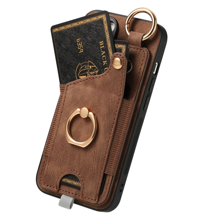 For iPhone 15 Pro Retro Skin-feel Ring Card Bag Phone Case with Hang Loop(Brown) - HoMEdemic™ 