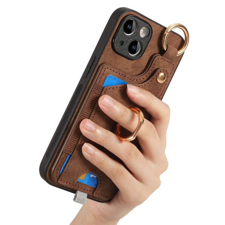 For iPhone 15 Pro Retro Skin-feel Ring Card Bag Phone Case with Hang Loop(Brown) - HoMEdemic™ 