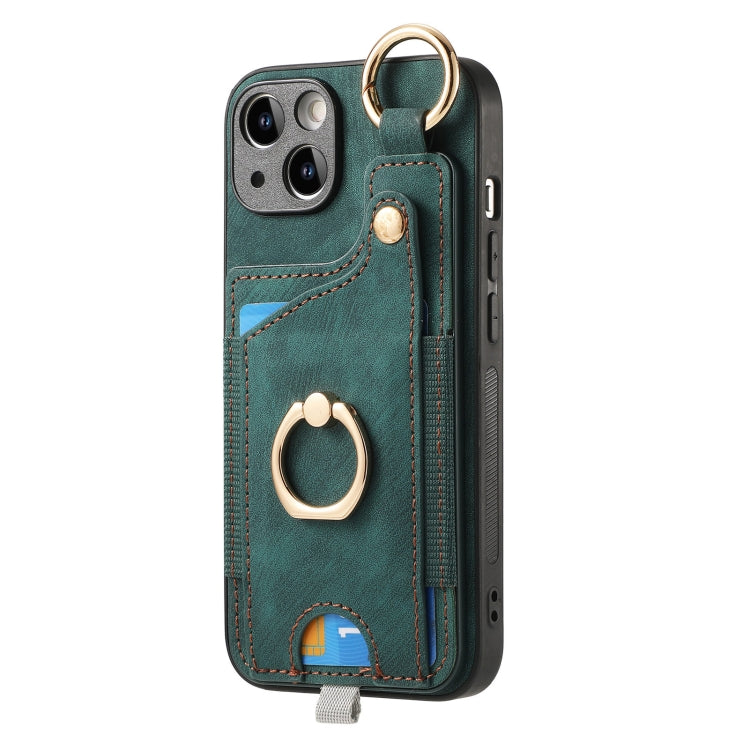 For iPhone 15 Pro Retro Skin-feel Ring Card Bag Phone Case with Hang Loop(Green) - HoMEdemic™ 