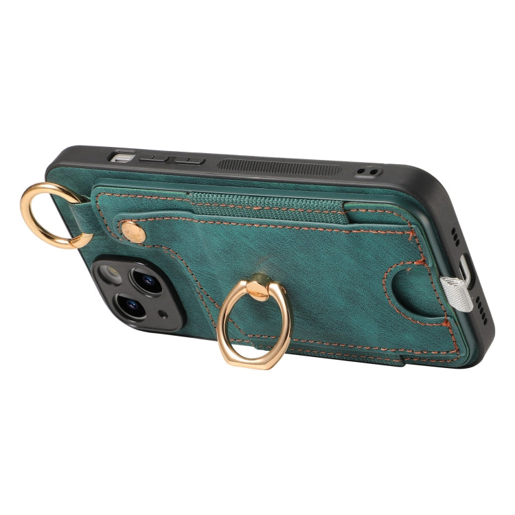 For iPhone 15 Pro Retro Skin-feel Ring Card Bag Phone Case with Hang Loop(Green) - HoMEdemic™ 