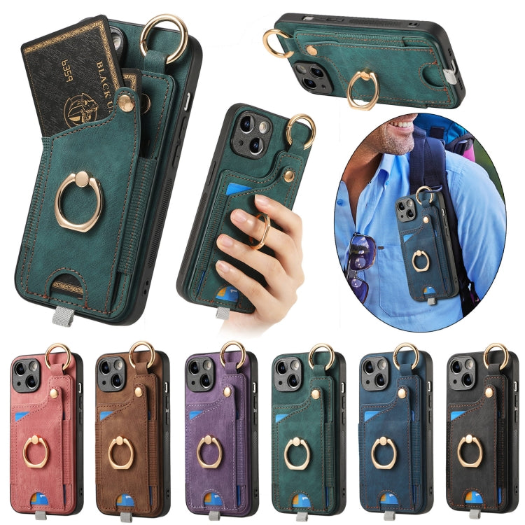 For iPhone 15 Pro Retro Skin-feel Ring Card Bag Phone Case with Hang Loop(Green) - HoMEdemic™ 