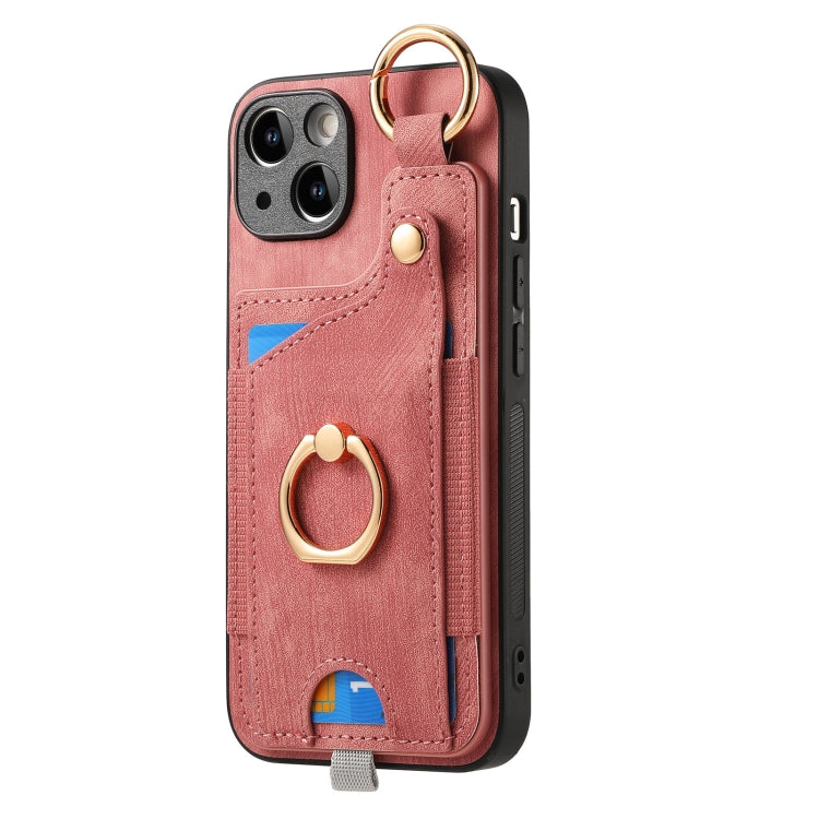 For iPhone 15 Pro Retro Skin-feel Ring Card Bag Phone Case with Hang Loop(Pink) - HoMEdemic™ 