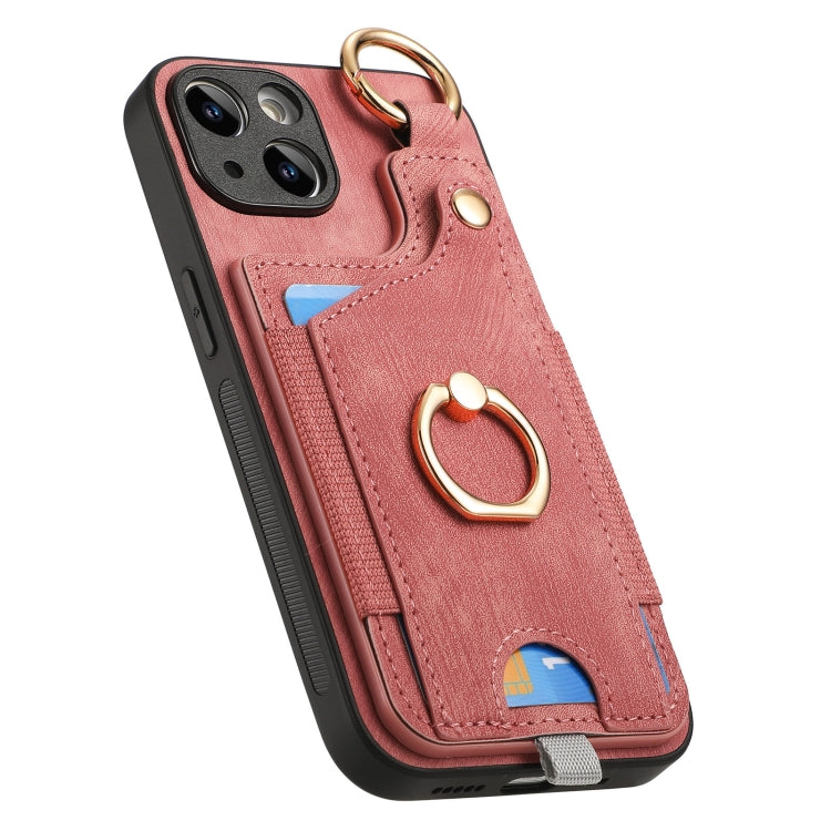 For iPhone 15 Pro Retro Skin-feel Ring Card Bag Phone Case with Hang Loop(Pink) - HoMEdemic™ 