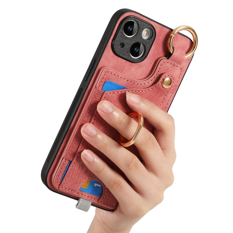 For iPhone 15 Pro Retro Skin-feel Ring Card Bag Phone Case with Hang Loop(Pink) - HoMEdemic™ 