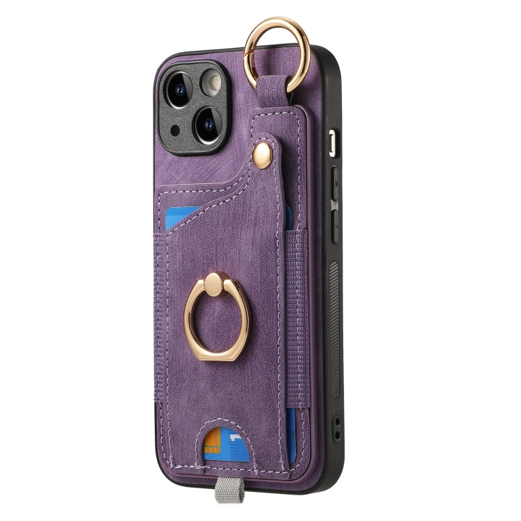 For iPhone 15 Pro Retro Skin-feel Ring Card Bag Phone Case with Hang Loop(Purple) - HoMEdemic™ 