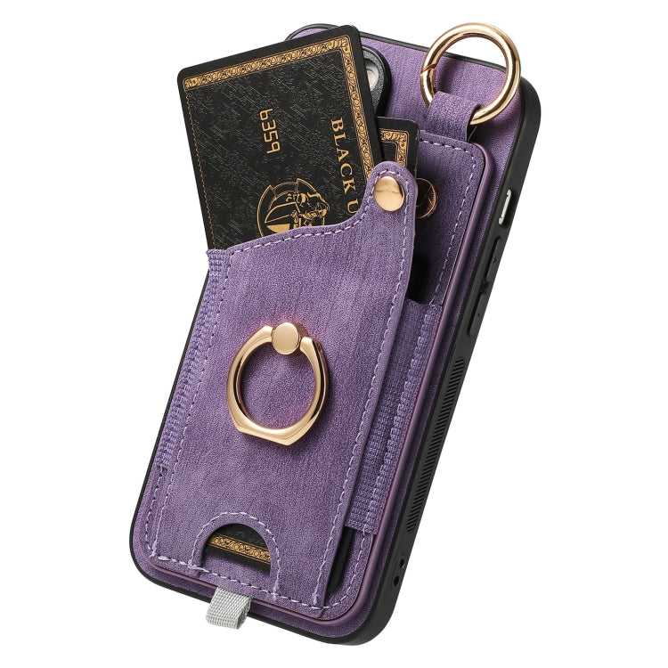 For iPhone 15 Pro Retro Skin-feel Ring Card Bag Phone Case with Hang Loop(Purple) - HoMEdemic™ 