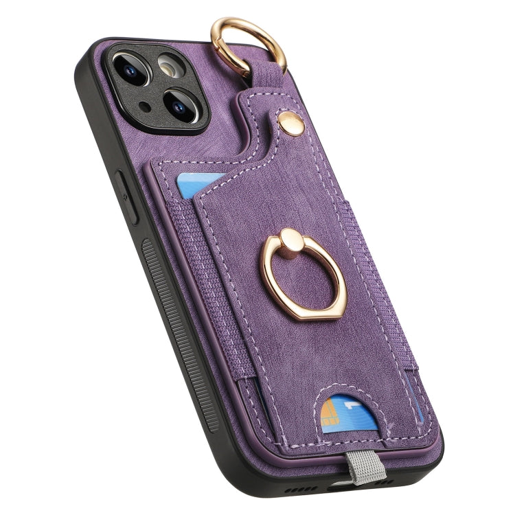 For iPhone 15 Pro Retro Skin-feel Ring Card Bag Phone Case with Hang Loop(Purple) - HoMEdemic™ 