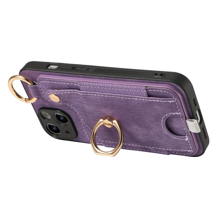 For iPhone 15 Pro Retro Skin-feel Ring Card Bag Phone Case with Hang Loop(Purple) - HoMEdemic™ 