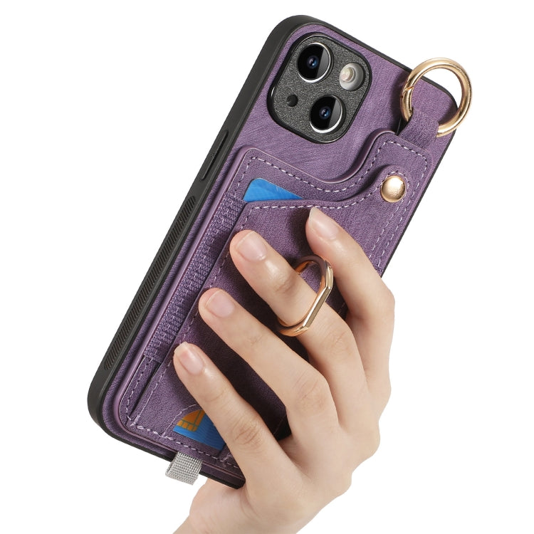 For iPhone 15 Pro Retro Skin-feel Ring Card Bag Phone Case with Hang Loop(Purple) - HoMEdemic™ 