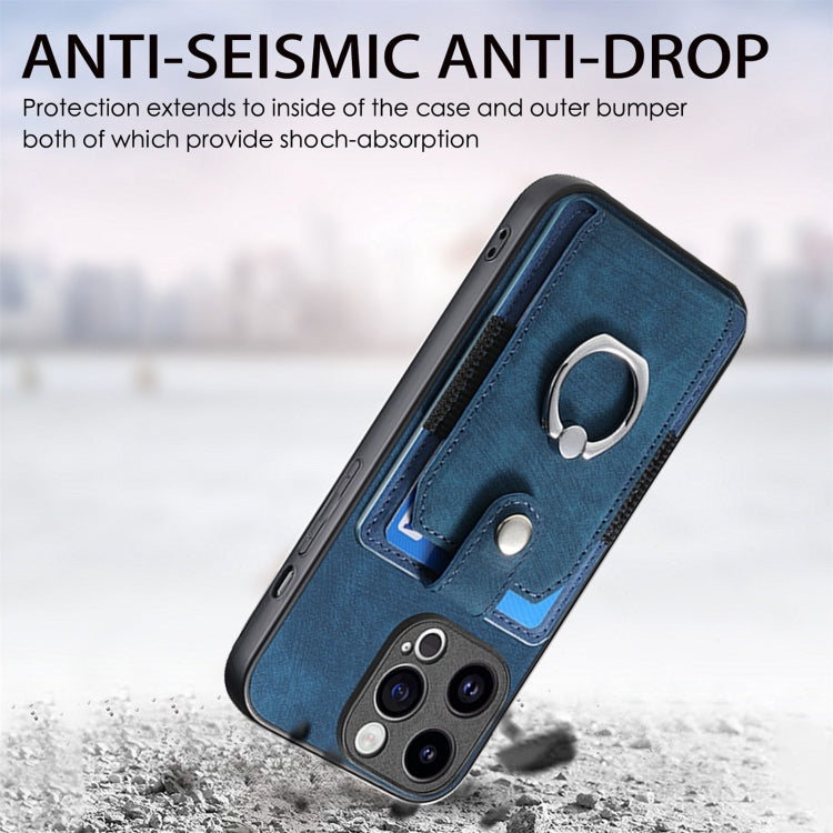 For iPhone 15 Pro Retro Skin-feel Ring Card Wallet Phone Case(Blue) - HoMEdemic™ 