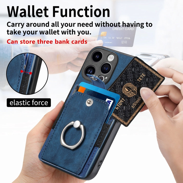For iPhone 15 Pro Retro Skin-feel Ring Card Wallet Phone Case(Blue) - HoMEdemic™ 