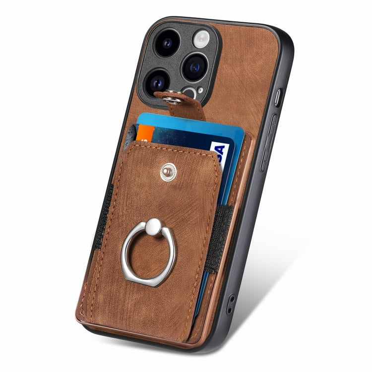 For iPhone 15 Pro Retro Skin-feel Ring Card Wallet Phone Case(Brown) - HoMEdemic™ 