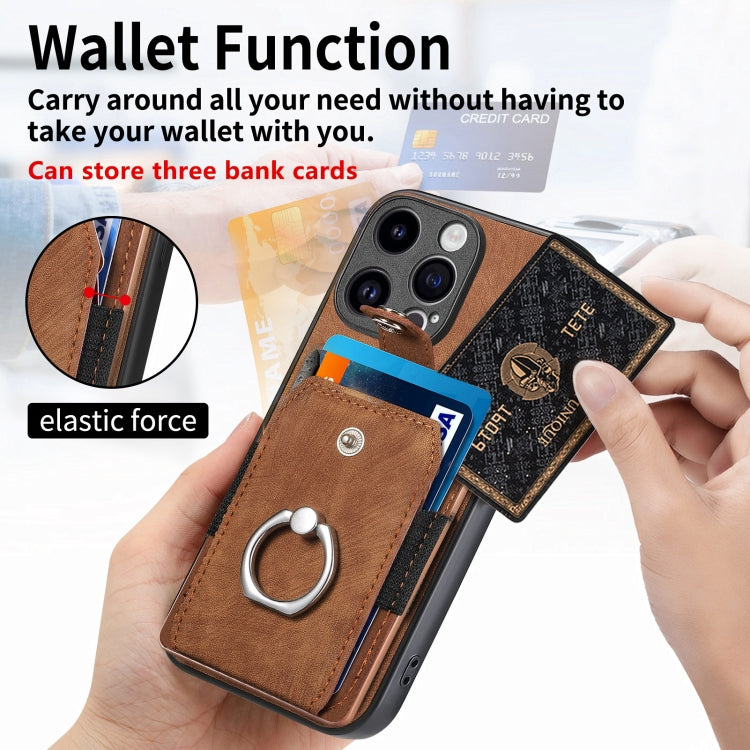 For iPhone 15 Pro Retro Skin-feel Ring Card Wallet Phone Case(Brown) - HoMEdemic™ 