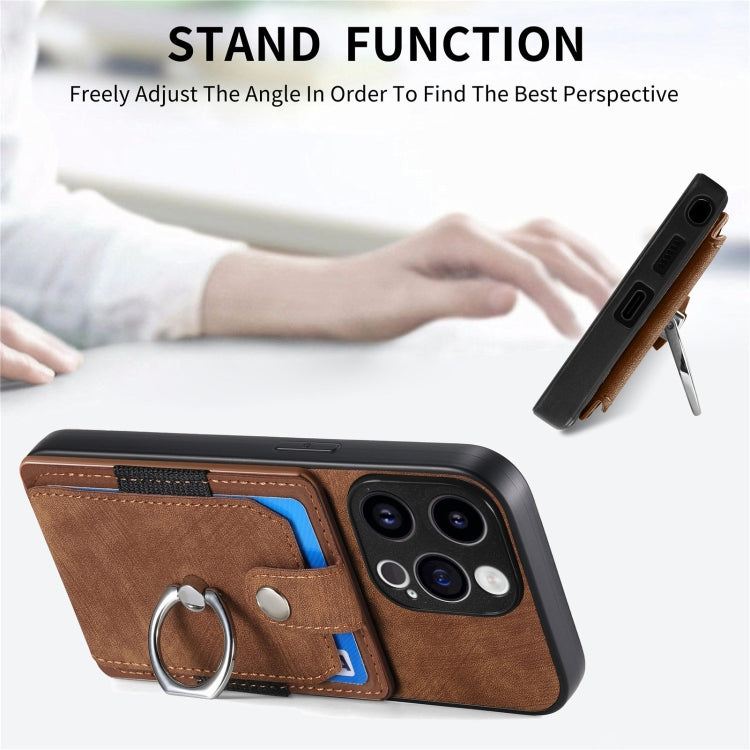 For iPhone 15 Pro Retro Skin-feel Ring Card Wallet Phone Case(Brown) - HoMEdemic™ 