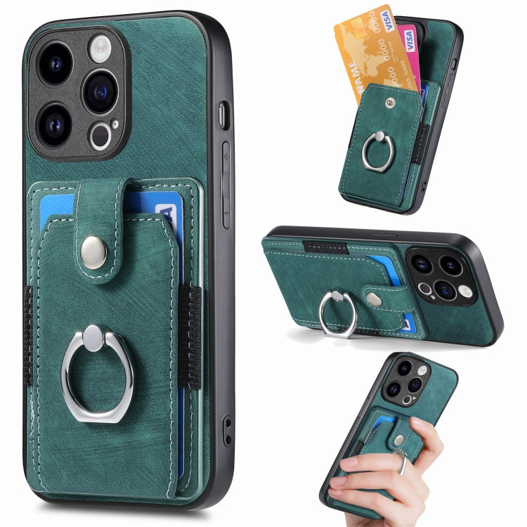 For iPhone 15 Pro Retro Skin-feel Ring Card Wallet Phone Case(Green) - HoMEdemic™ 