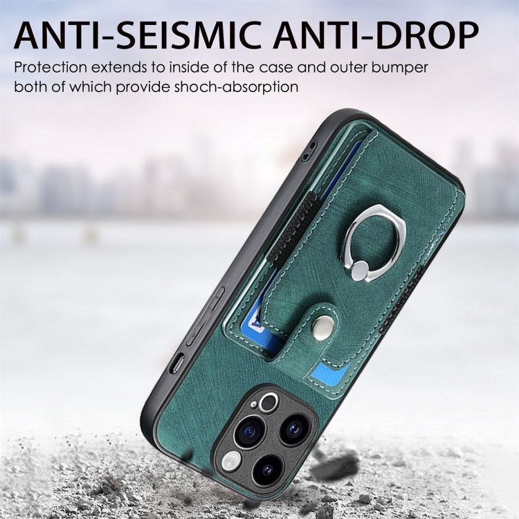 For iPhone 15 Pro Retro Skin-feel Ring Card Wallet Phone Case(Green) - HoMEdemic™ 