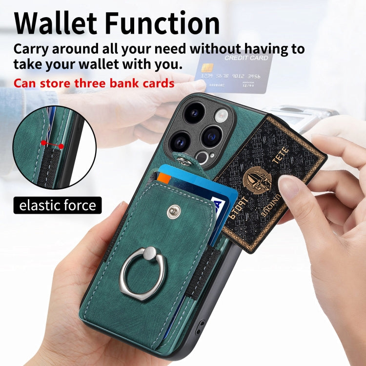 For iPhone 15 Pro Retro Skin-feel Ring Card Wallet Phone Case(Green) - HoMEdemic™ 