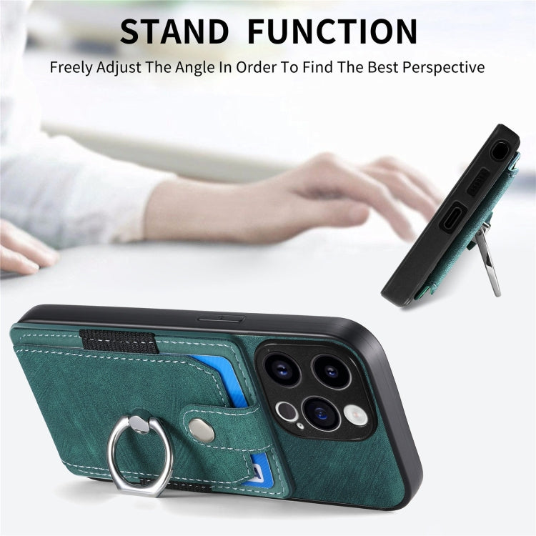 For iPhone 15 Pro Retro Skin-feel Ring Card Wallet Phone Case(Green) - HoMEdemic™ 