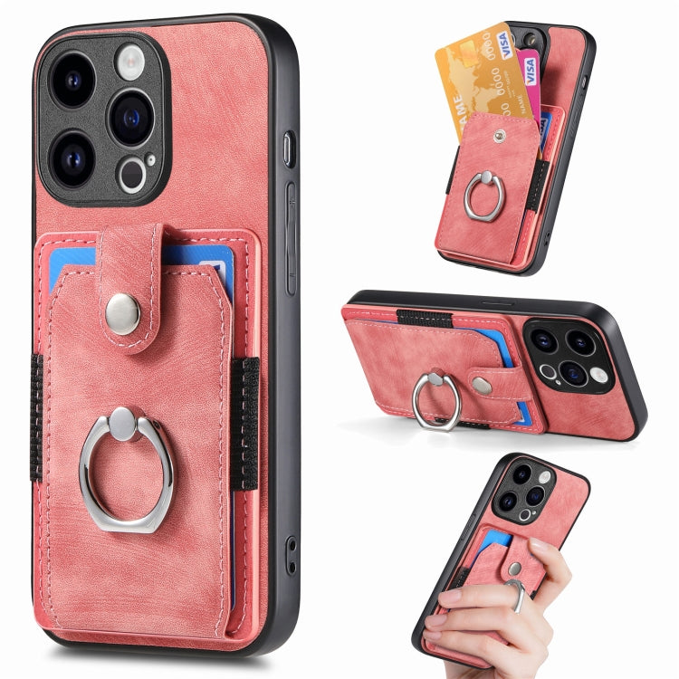 For iPhone 15 Pro Retro Skin-feel Ring Card Wallet Phone Case(Pink) - HoMEdemic™ 