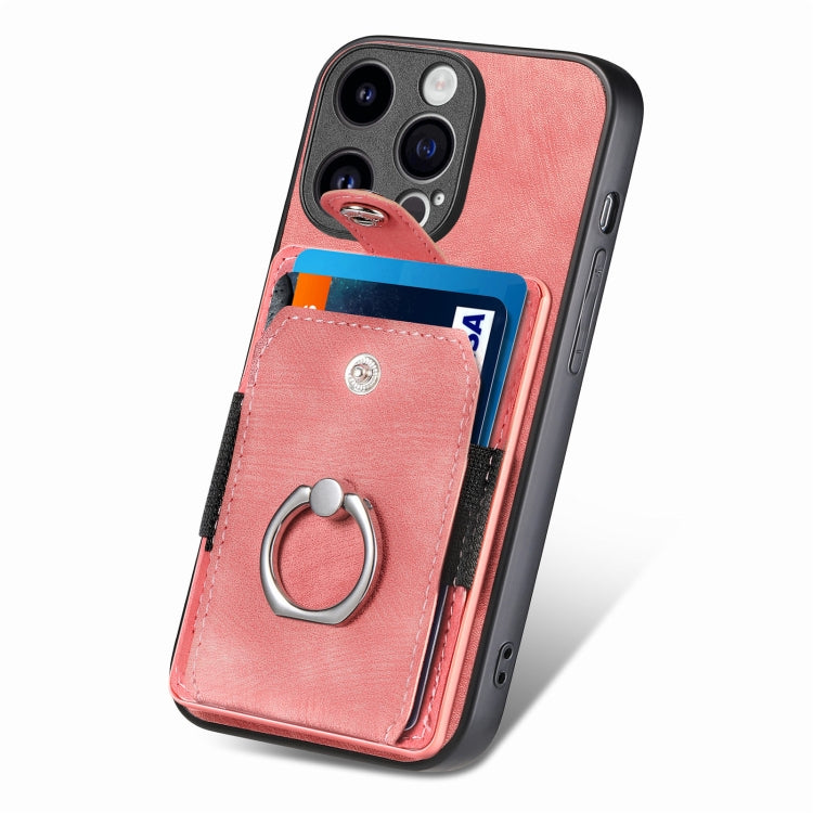 For iPhone 15 Pro Retro Skin-feel Ring Card Wallet Phone Case(Pink) - HoMEdemic™ 