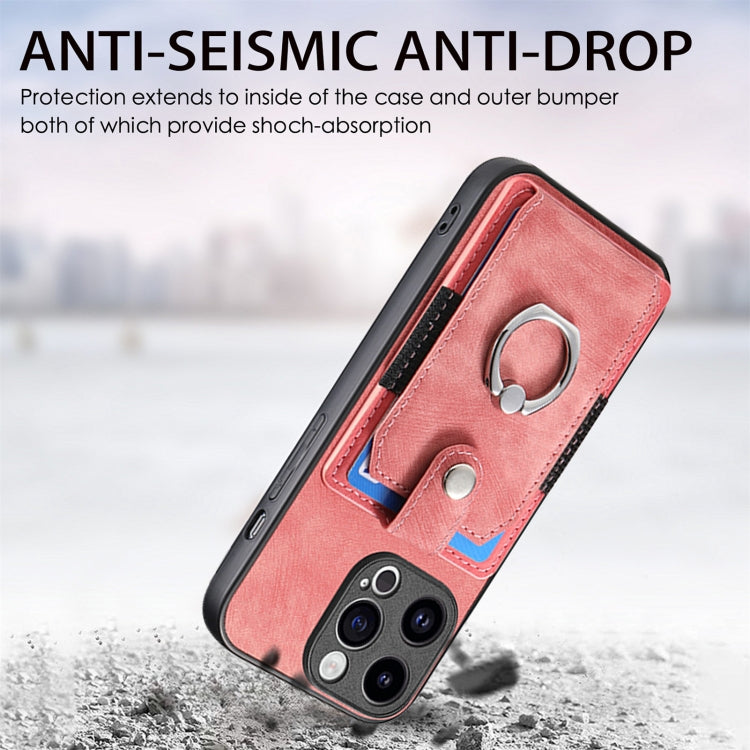 For iPhone 15 Pro Retro Skin-feel Ring Card Wallet Phone Case(Pink) - HoMEdemic™ 