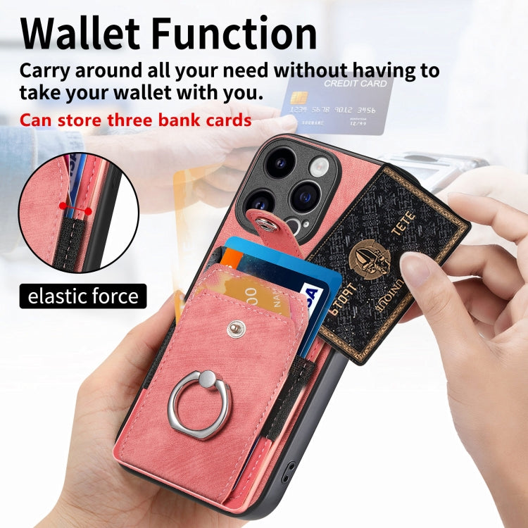 For iPhone 15 Pro Retro Skin-feel Ring Card Wallet Phone Case(Pink) - HoMEdemic™ 