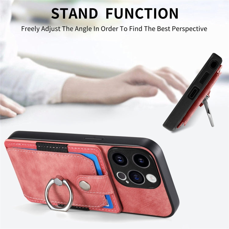 For iPhone 15 Pro Retro Skin-feel Ring Card Wallet Phone Case(Pink) - HoMEdemic™ 