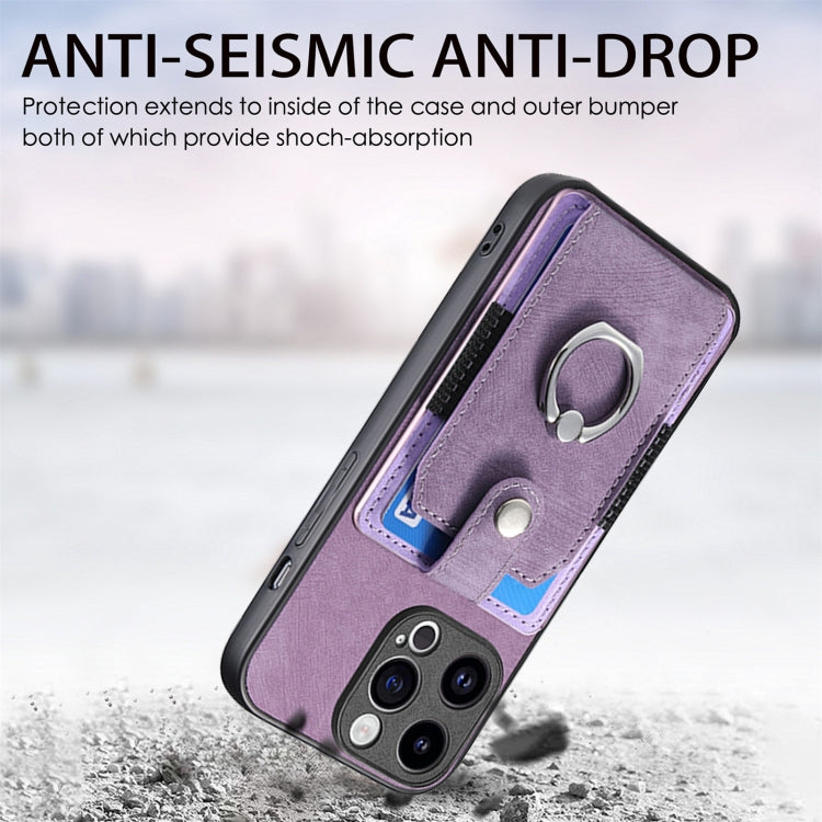 For iPhone 15 Pro Retro Skin-feel Ring Card Wallet Phone Case(Purple) - HoMEdemic™ 